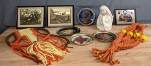 lot 65 image: Mixed 10-Piece Lot Gold Foil Wall Art-Lionel Barrymore, Religious Decor, Macrame and More - Q