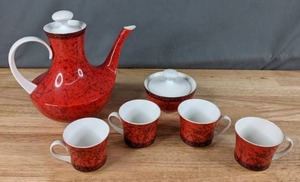 lot 52 image: Vintage Block Bidasoa Flamenco Spain China Red 8 pc. Tea Set - Q