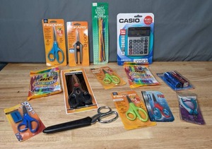 lot 132 image: NEW School Supplies Lot Scissors, Casio Calculator, BIC Pens, Party Candles and More - Z