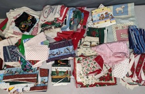 lot 265 image: Large Assortment of Fabric Scraps Christmas, Hearts, Floral, Polka Dot, Ducks, & More - Z