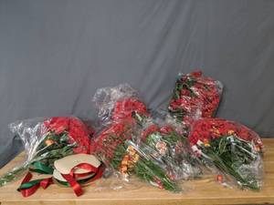 lot 219 image: Assortment of Artificial Poinsettias and Red & Green Ribbon - Z