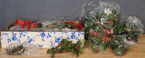 lot 205 image: Assortment of Artificial Flowers and Holly Candle Holder - Z