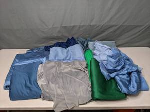 lot 309 image: Stack of Fabric in Mainly Blue Hues, with Some Green and Gray - Z
