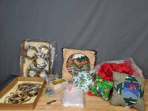 lot 332 image: Assortment of Red Eyelet Lace Trim, Wreath Candle Rings and More - Z