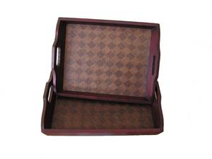 lot 173A image: NEW Antique Red Cedar Wood Serving Tray with Grid Pattern and Faux Leather - X