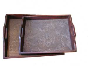 lot 182A image: NEW Gorgeous Solid Cedar Wood Serving Tray with Flower Pattern Faux Leather - X