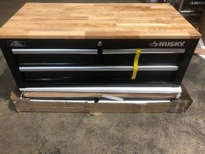 lot 3 image: Husky 36 in. W x 17 in. D Standard Duty 3-Drawer Rolling Tool Cart with Hardwood Top in Gloss Black - good condition - review all pictures