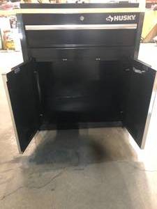 lot 20 image: Husky Ready-to-Assemble 24-Gauge Steel 1-Drawer 2-Door Garage Base Cabinet in Black (28 in. W x 33 in. H x 18 in. D) -good condition - review all pictures