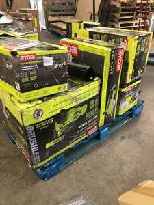 lot 21 image: Mix Pallet of Ryobi Tools (Trimmers, Lawn Mowers, Jet Fan Blowers) - various conditions - review pictures