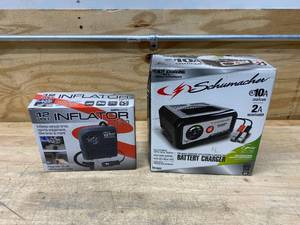 lot 98 image: SCHUMACHER 10A Battery Charger with BONAIRE 12 Volt Inflator