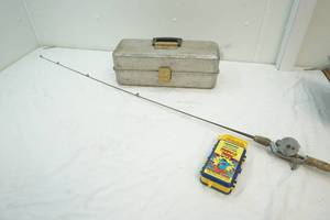 lot 109 image: vintage tackle boxes and fishing rod