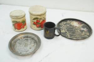 lot 113 image: vintage kitchen canisters, Minnesota tray and Hoves pie tin