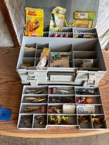 lot 21 image: Double Sided FIshing Tackle Box with Lot of Tackle