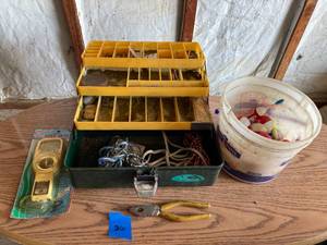 lot 26 image: Fishing Tackle Box with Rope, Scale and Bucket of Bobbers
