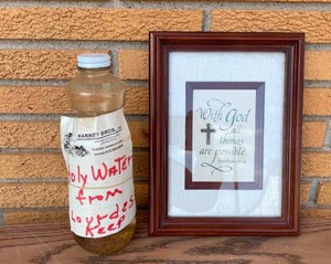 lot 49 image: Lourdes Water and Religious Framed Cross Stitch