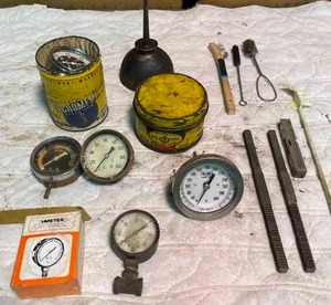 lot 100 image: Assorted Gauges, Oilers, and Handtools