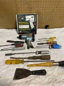 lot 109 image: Large Lot of Vintage Tools, New Rockwell 12 Impact Wrench, Screwdrivers and More