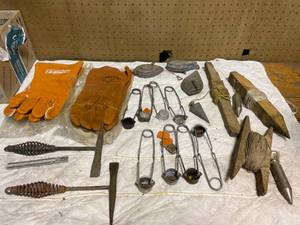 lot 111 image: Lot of Hand Tools Welding Gloves, Plum Bobs w Lines, Strickers and More