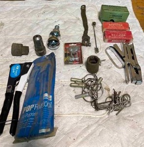 lot 112 image: Lot of Hand Tools Rivet Gun, Staple Gun, 2 Ball Hitch and More
