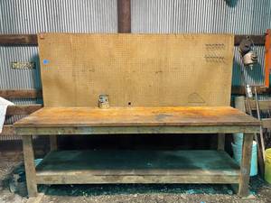 lot 114 image: Large Shop Work Bench with Peg Board and Hooks