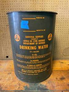lot 125 image: 1963 Department of Defense Drinking Water Barrel 17 12 Gallon.  Survival supplies. 
