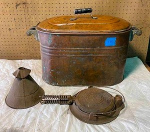 lot 130 image: Antique Waffle Iron, Water Tub and Manual Clothes Washing Tool 