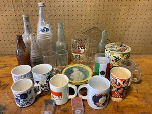 lot 132 image: Lot of Various Glassware, Tins, Soda Bottles and More