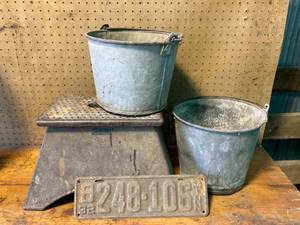 lot 136 image: Antique Metal Stool, 1930s Licence Plate and Buckets