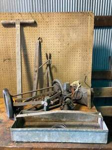 lot 137 image: Antique Metal Toolbox, Manual Lawn Clipper and Seeder