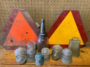 lot 143 image: Lot of Phone Line Insulators and Metal Caution Signs