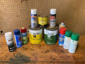 lot 147 image: John Deere Green and Yellow Paint and Various Spray Paint Cans