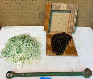 lot 8 image: John Deere Cultivator Wrench, #50 Roller Chain and Nylon Washers