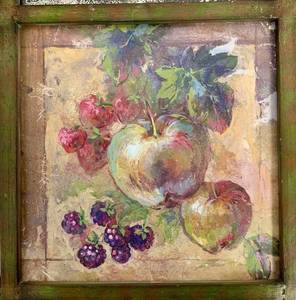 French Apples, Pears, Strawberry, Boysenberry and Foliage Framed Metal Artwork wAged Mirror Panels by Uttermost - 21.5 Square