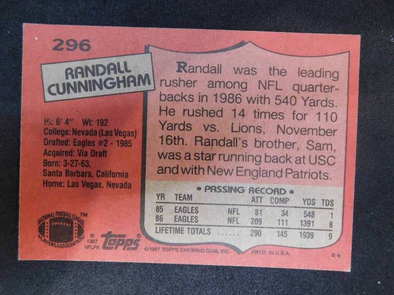 1987 Topps Randall Cunningham Rookie Card #296