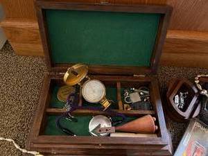 lot 151 image: Wood Box with Compass & Jewelry