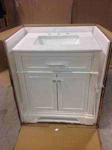 Melpark 30 in. W x 22 in. D Bath Vanity in White with Cultured Marble Vanity Top in White with White Sink by Home Decorators Collection Customer Returns See Pictures