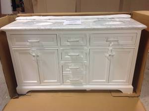 Windlowe 61 in. W x 22 in. D x 35 in. H Bath Vanity in White with Carrera Marble Vanity Top in White with White Sink by Home Decorators Collection Customer Returns See Pictures