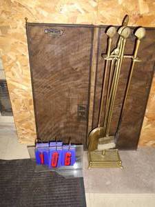 Brass fireplace set with holder. As shown.