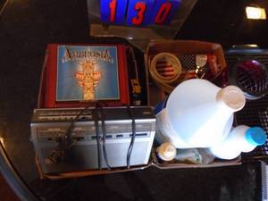 Flat of electronics, cigar box & misc. As shown.