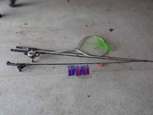 Qty of 3 rodreel sets & landing net. AS shown.