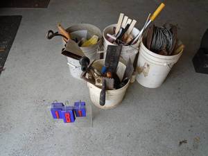 Qty of 4 pairs of mason tools, paint supplies & misc. As shown.