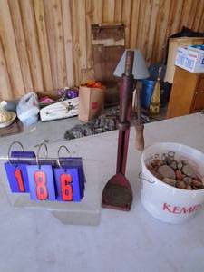 Vintage bottle capper & bucket of rocks. As shown.