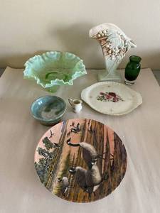 Collection of Uranium Glass Opalescent Rimmed Bowl, China, & Vases