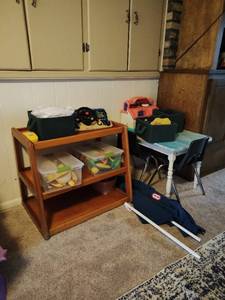 Childrens Table, Shelf, and Toys