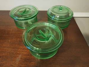 Vintage Vaseline Uranium Glass Lidded Bowls By Hazel Atlas