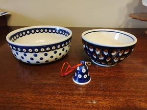 Collection of Polish Pottery Bowls and Bell