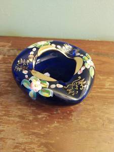 Vintage Hand Painted Cobalt Glass Ashtray