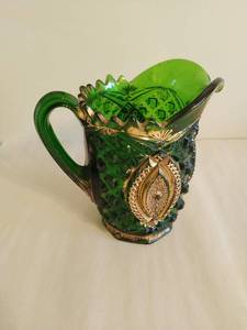 Antique EAPG Northwood Memphis Emerald Gold Glass Pitcher Dolls Eye Pattern