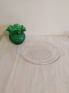 Green Glass Vase Hobnail And Lion Glass Platter