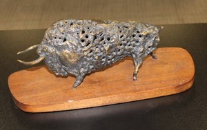lot 46 image: Vintage Metal w Wood Base Buffalo Figure